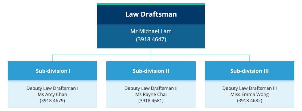 Organisation chart of the Law Drafting Division. Law Draftsman - Mr Michael Lam (3918 4647). 
			Sub-division I, Deputy Law Draftsman I - Mr Manuel Ng (3918 4726). Sub-division II, Deputy Law Draftsman II - Ms Rayne Chai (3918 4681). Sub-division III, Deputy Law Draftsman III - Miss Emma Wong(3918 4682).