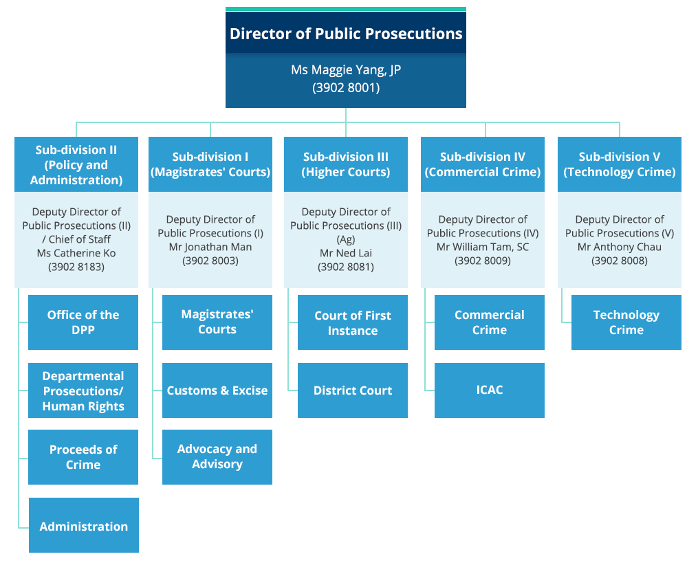 
            Organisation chart of the Prosecutions Division. Director of Public Prosecutions - Ms Maggie Yang, JP (3902 8001).
            
            Sub-division II (Policy and Administration) - Deputy Director of Public Prosecutions (II) / Chief of Staff -  Ms Catherine Ko (3902 8183). Office of the DPP. Departmental Prosecutions / Human Rights. Administration. 
            
            Sub-division I (Advisory), Deputy Director of Public Prosecutions (I) - Mr Jonathan Man (3902 8003). Magistrates' Courts. Customs & Excise. Advocacy and Advisory. 
            
            Sub-division III (Higher Courts) - Deputy Director of Public Prosecutions (III) (Ag) - Mr Ned Lai (3902 8081). Court of FirstInstance. District Court.
            
            Sub-division IV (Commercial Crime) - Deputy Director of Public Prosecutions (IV) Mr William Tam, SC (3902 8009).  Commerical Crime. ICAC.
			
			Sub-division V (Technology Crime) - Deputy Director of Public Prosecutions (V) - Mr Anthony Chau (3902 8008). Technology Crime.
            