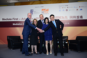 Speakers and moderator for the “Session 2 : Advance with the times - Choosing the Suitable Mediation Tools and Achieving Results” (from left): Mr. John Budge, SBS, MBE, JP, Prof. Sharon Press, Mr. Phillip Howell-Richardson, Ms. Jody Sin and Dr. Gilbert Wong