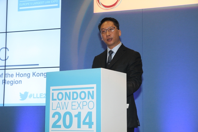 The Secretary for Justice, Mr Rimsky Yuen, SC, delivers a speech at the London Law Expo 2014 in London