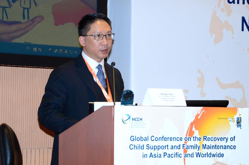 The Secretary for Justice, Mr Rimsky Yuen, SC, speaks at the opening of the Global Conference on Recovery of Child Support and Family Maintenance in Asia Pacific and Worldwide, the first programme of the Hague Conference on Private International Law (HCCH) Asia Pacific Week, today (November 9).