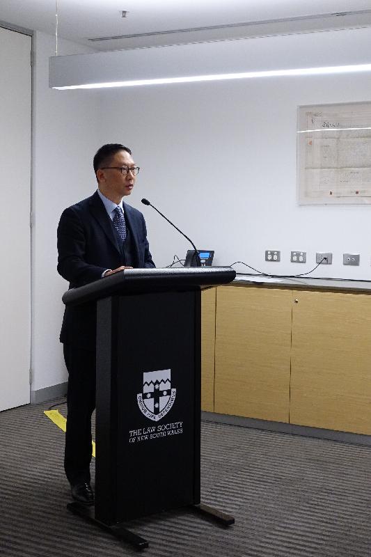 The Secretary for Justice, Mr Rimsky Yuen, SC, speaks at a luncheon gathering in Sydney, Australia, today (August 9) organised by the Law Society of New South Wales on the "one country, two systems" policy and the development of common law jurisprudence in Hong Kong.