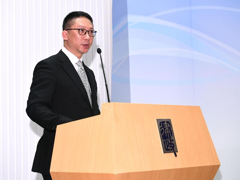 The Secretary for Justice, Mr Rimsky Yuen, SC, speaks at the signing ceremony of the Arrangement on Reciprocal Recognition and Enforcement of Civil Judgments in Matrimonial and Family Cases by the Courts of the Mainland and of the Hong Kong Special Administrative Region today (June 20).