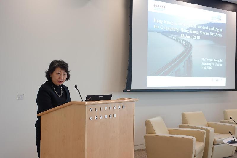 The Secretary for Justice, Ms Teresa Cheng, SC, in London today (June 13, London time) speaks at a seminar on Hong Kong as an ideal hub for deal making in the Guangdong-Hong Kong-Macao Bay Area organised by the Hong Kong Association.