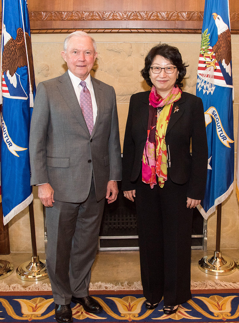The Secretary for Justice, Ms Teresa Cheng, SC, has started her visit to the United States (US). Photo shows Ms Cheng (right) at a meeting with the Attorney General of the US, Mr Jeff Sessions (left), in Washington, DC, today (July 11, Eastern Standard Time).