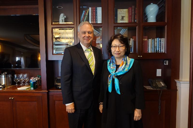 The Secretary for Justice, Ms Teresa Cheng, SC, (right) meets with Executive Vice President of the Heritage Foundation, Dr Kim Holmes (left), today (July 13, Eastern Standard Time) in Washington, DC.