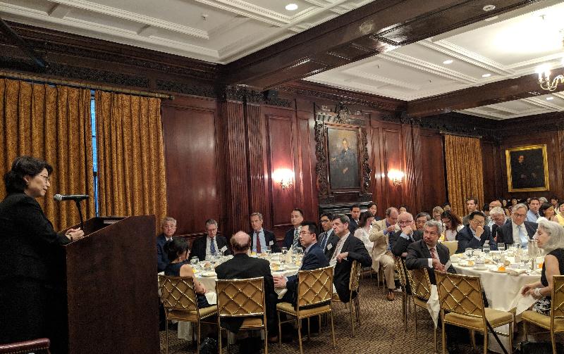 The Secretary for Justice, Ms Teresa Cheng, SC, speaks at a business luncheon co-hosted by the Hong Kong Economic and Trade Office in New York and the National Committee on US-China Relations in New York, today (July 16, Eastern Standard Time).