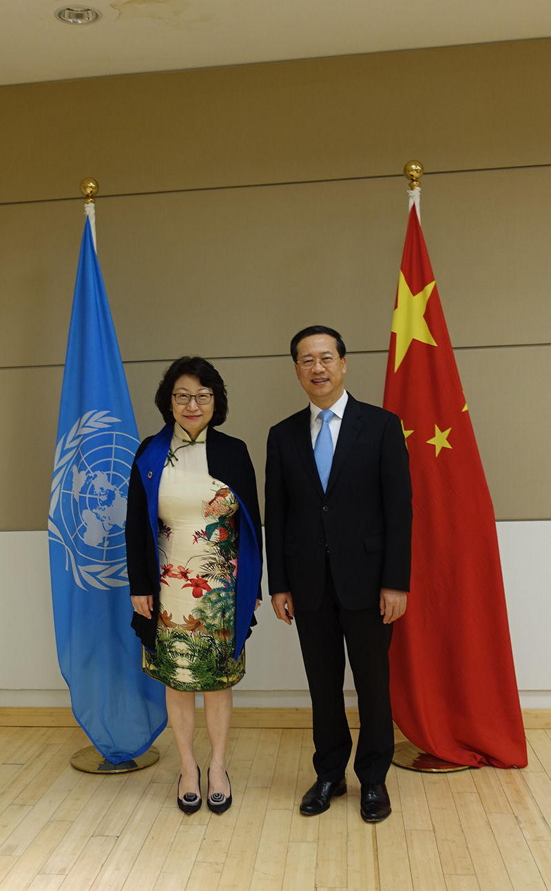 The Secretary for Justice, Ms Teresa Cheng, SC, (left) calls on the Permanent Representative of the People's Republic of China to the United Nations, Mr Ma Zhaoxu (right), today (July 17, Eastern Standard Time) in New York.