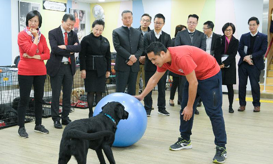 The Secretary for Justice, Ms Teresa Cheng, SC, visits the Hong Kong Guide Dogs Association Jockey Club Education and Training Centre in Tsui Ping Estate today (December 13). Photo shows Ms Cheng (third left) observing trainer’s demonstration on training guide dog.