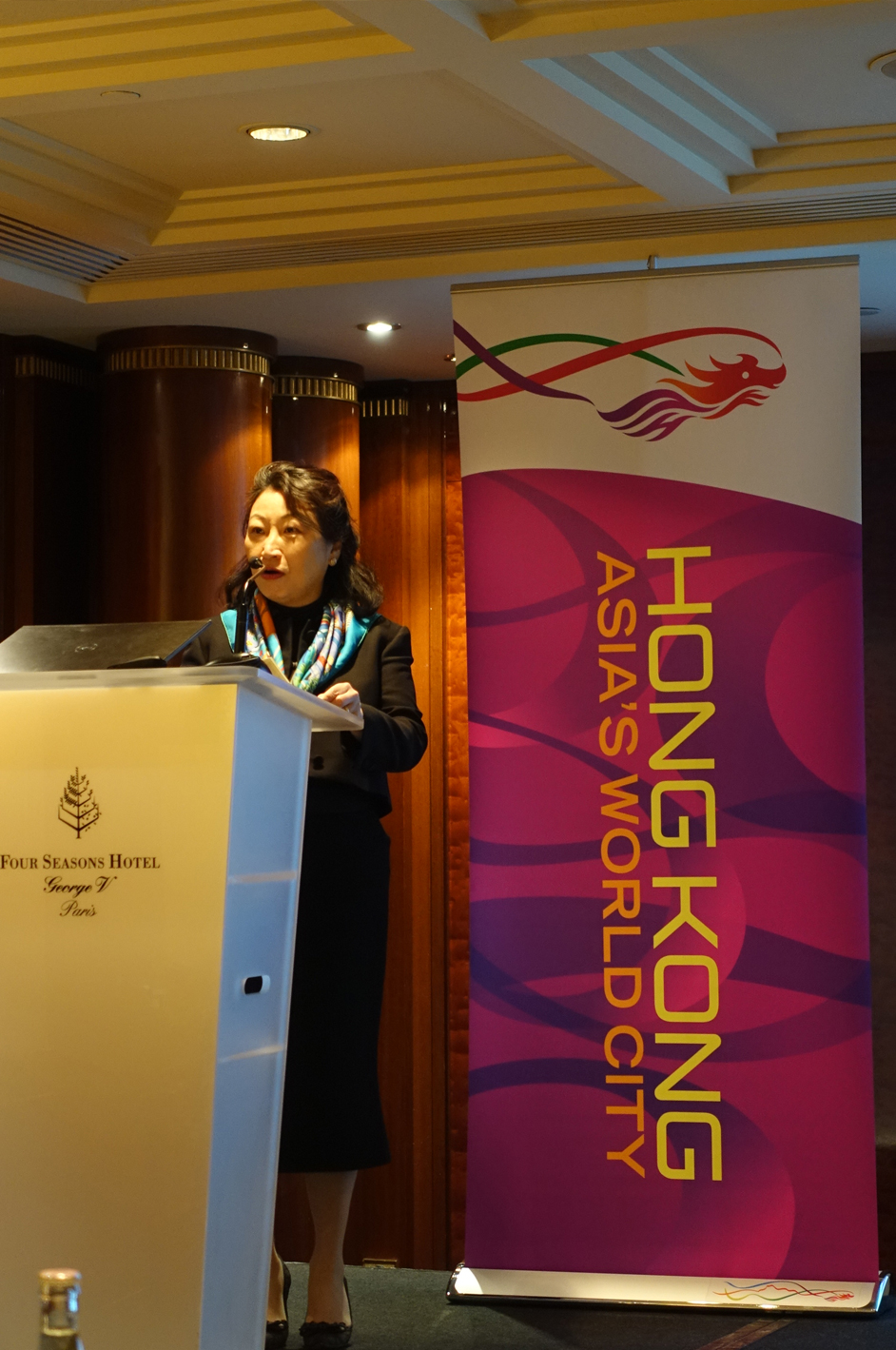 The Secretary for Justice, Ms Teresa Cheng, SC, promotes Hong Kong's roles as deal maker and dispute resolver at a conference co-organised by the Department of Justice and Hong Kong International Arbitration Centre in Paris, France, today (April 11, Paris time).