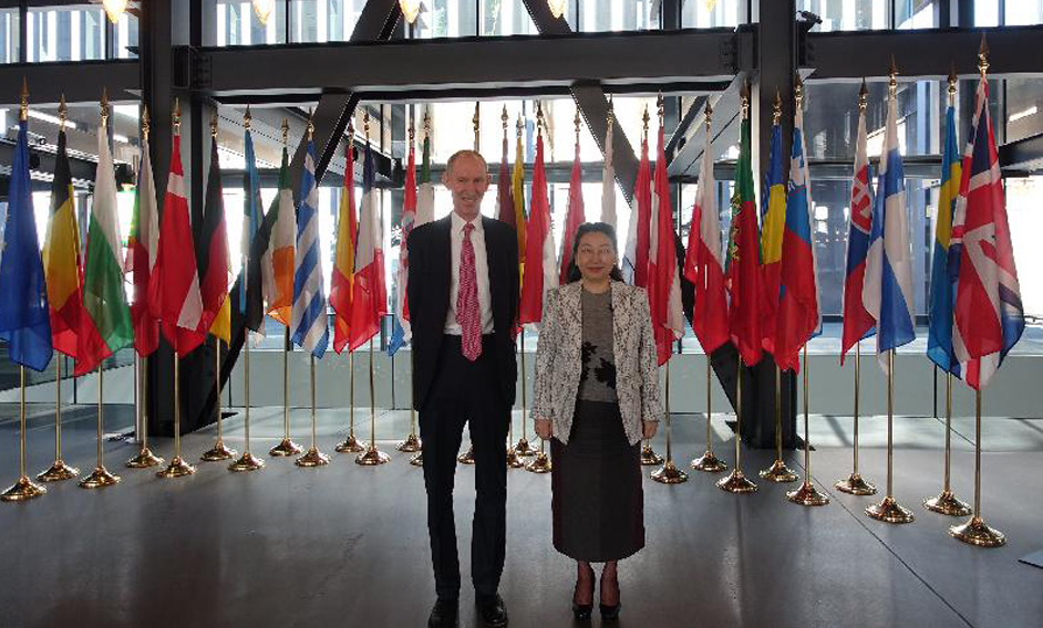 The Secretary for Justice, Ms Teresa Cheng, SC, visits the European Union Court of Justice in Luxembourg today (April 12, Luxembourg time). Photo shows Ms Cheng (right) with Judge Christopher Vajda (left).