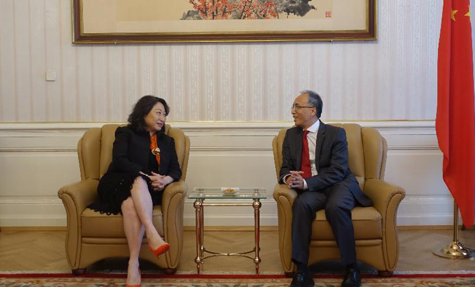 The Secretary for Justice, Ms Teresa Cheng, SC (left), called on Chinese Ambassador to Austria, Mr Li Xiaosi (right), in Vienna, Austria, yesterday (April 17, Vienna time).