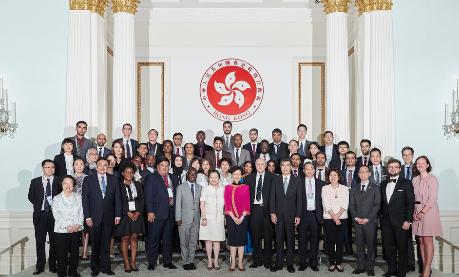 The Chief Executive, Mrs Carrie Lam (front row, seventh left) and the Secretary for Justice, Ms Teresa Cheng, SC, (front row, sixth left), are pictured with the delegates, who joined the Training Session of China-AALCO Exchange and Research Programme on International Law, at the Government House on August 15.