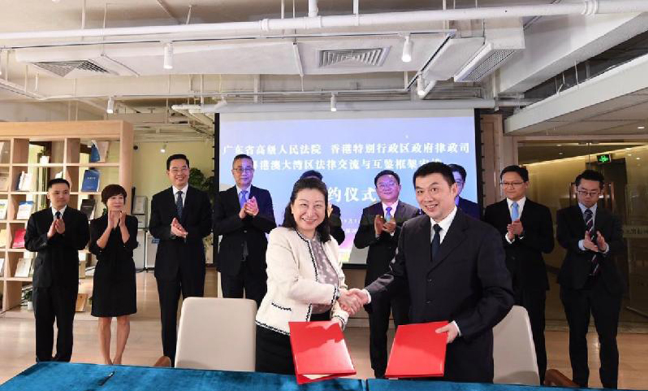 HKSAR and High People's Court of Guangdong Province signed a framework arrangement on exchange and mutual learning in legal aspects between Hong Kong and Guangdong today (September 7) to strengthen legal exchange and collaboration in the Greater Bay Area. Photo shows the Secretary for Justice, Ms Teresa Cheng, SC (left), and the President of the High People's Court of Guangdong Province, Mr Gong Jiali (right) shaking hands after signing the arrangement in Shenzhen.