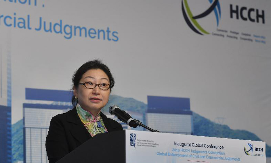 The “ 2019 HCCH Judgments Convention: Global Enforcement of Civil and Commercial Judgments ”, organised by the Hague Conference on Private International Law (HCCH) and the Department of Justice, with the support from the Asian Academy of International Law, was held in Hong Kong today (September 9). Photo shows the Secretary for Justice, Ms Teresa Cheng, SC, giving an opening speech at the Conference.