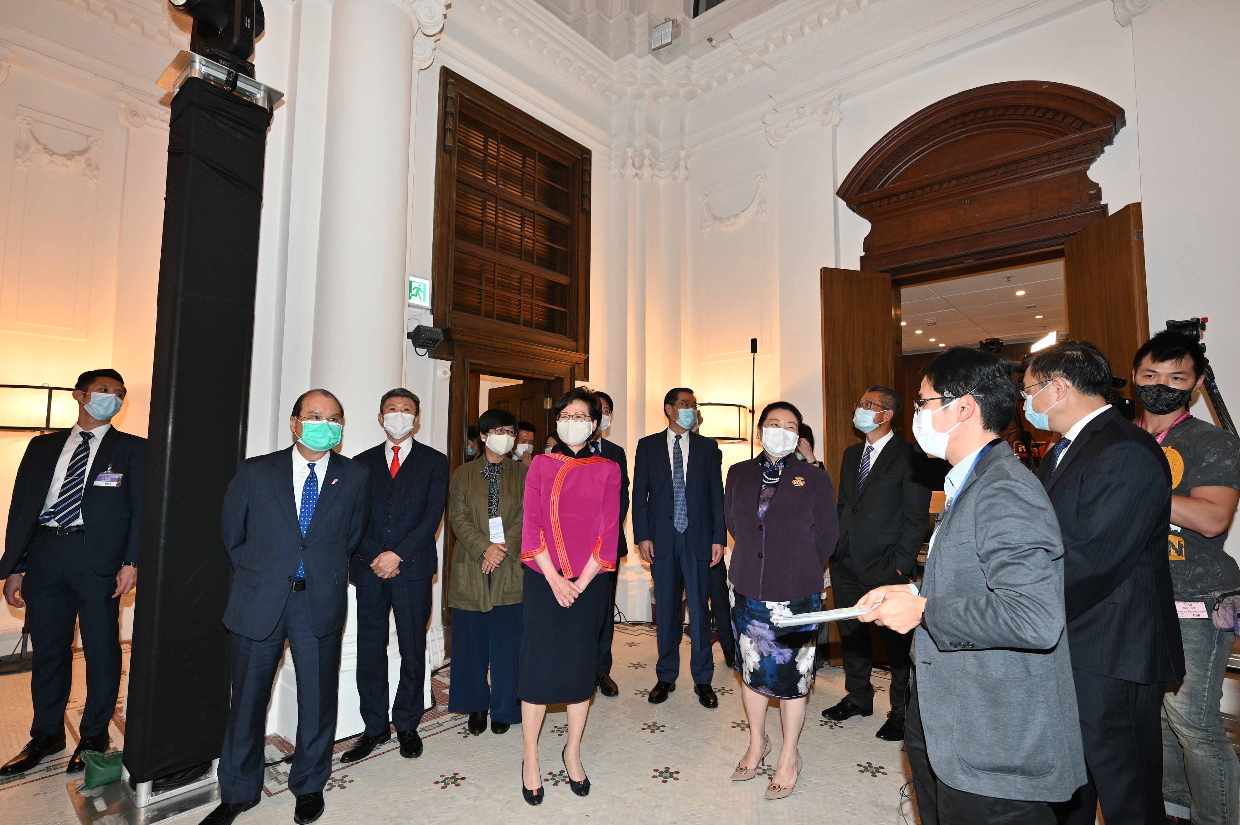 The opening of the Hong Kong Legal Week 2020 was held today (November 2) at the former French Mission Building. Today also marked the opening of the Hong Kong Legal Hub and the official launch of the 'Vision 2030 for Rule of Law'. Photo shows the Chief Executive, Mrs Carrie Lam; the Chief Secretary for Administration, Mr Matthew Cheung Kin-chung; the Financial Secretary, Mr Paul Chan; and the Secretary for Justice, Ms Teresa Cheng, SC, at the guided tour of the former French Mission Building, which is now a part of the Hong Kong Legal Hub.