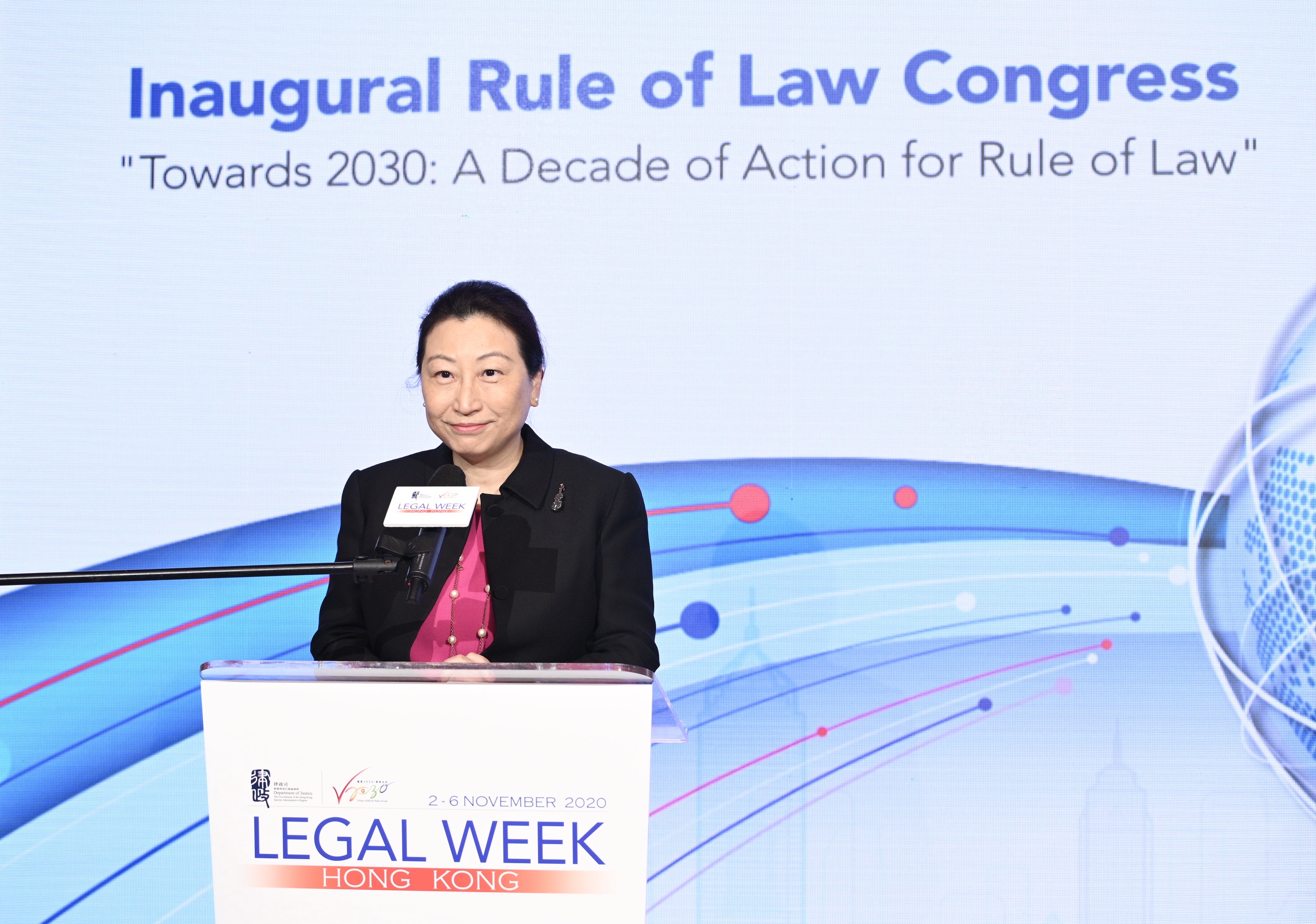 The Secretary for Justice, Ms Teresa Cheng, SC, speaks at the opening session of the Inaugural Rule of Law Congress under the Hong Kong Legal Week 2020 today (November 3). 