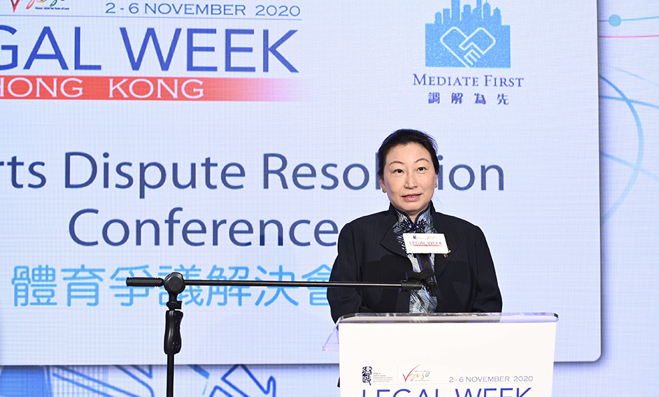 The Secretary for Justice, Ms Teresa Cheng, SC, delivers a keynote speech at the Sports Dispute Resolution Conference under Hong Kong Legal Week 2020 today (November 5).