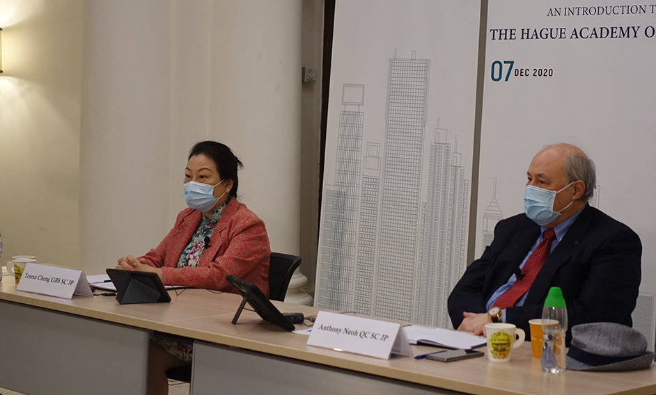 The Secretary for Justice, Ms Teresa Cheng, SC (left), speaks at the webinar on "An Introduction to the Hague Academy of International Law's 2021 Hong Kong Programme" today (December 7). Looking on is the host of the webinar, Chairman of the Asian Academy of International Law, Dr Anthony Neoh, SC (right).
