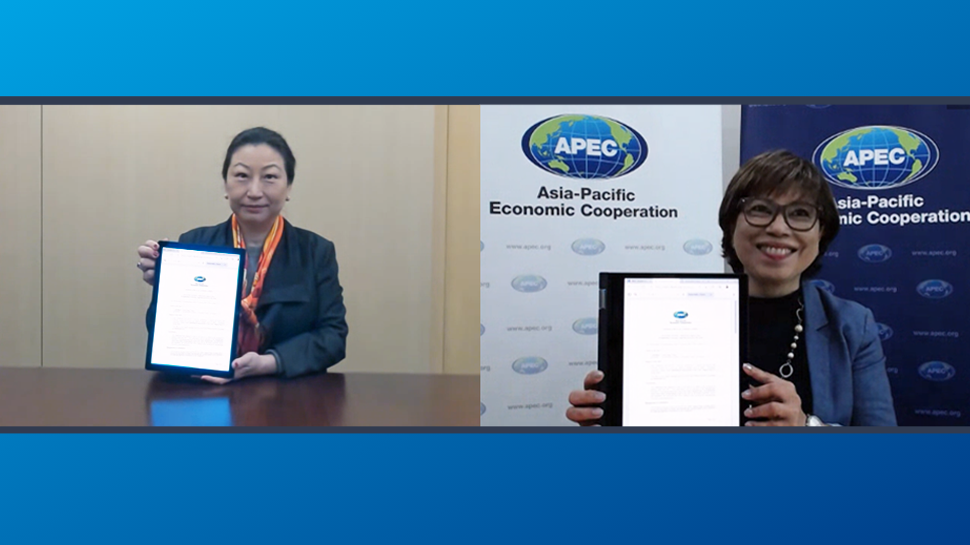 The Secretary for Justice, Ms Teresa Cheng, SC (left), signed a memorandum of understanding with the Executive Director of the Asia-Pacific Economic Cooperation Secretariat, Dr Rebecca Fatima Sta Maria (right), to support the creation of the Strengthening Economic Legal Infrastructure sub-fund at a virtual signing ceremony today (March 5).