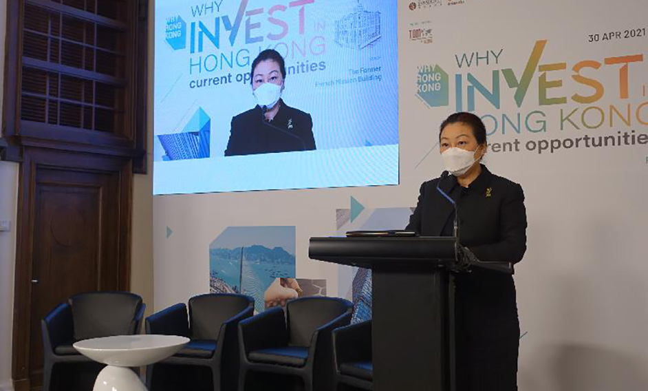The Secretary for Justice, Ms Teresa Cheng, SC, speaks at the "Why Invest in Hong Kong: Current Opportunities" Webinar co-organised by the Department of Justice and the Asian Academy of International Law today (April 30).