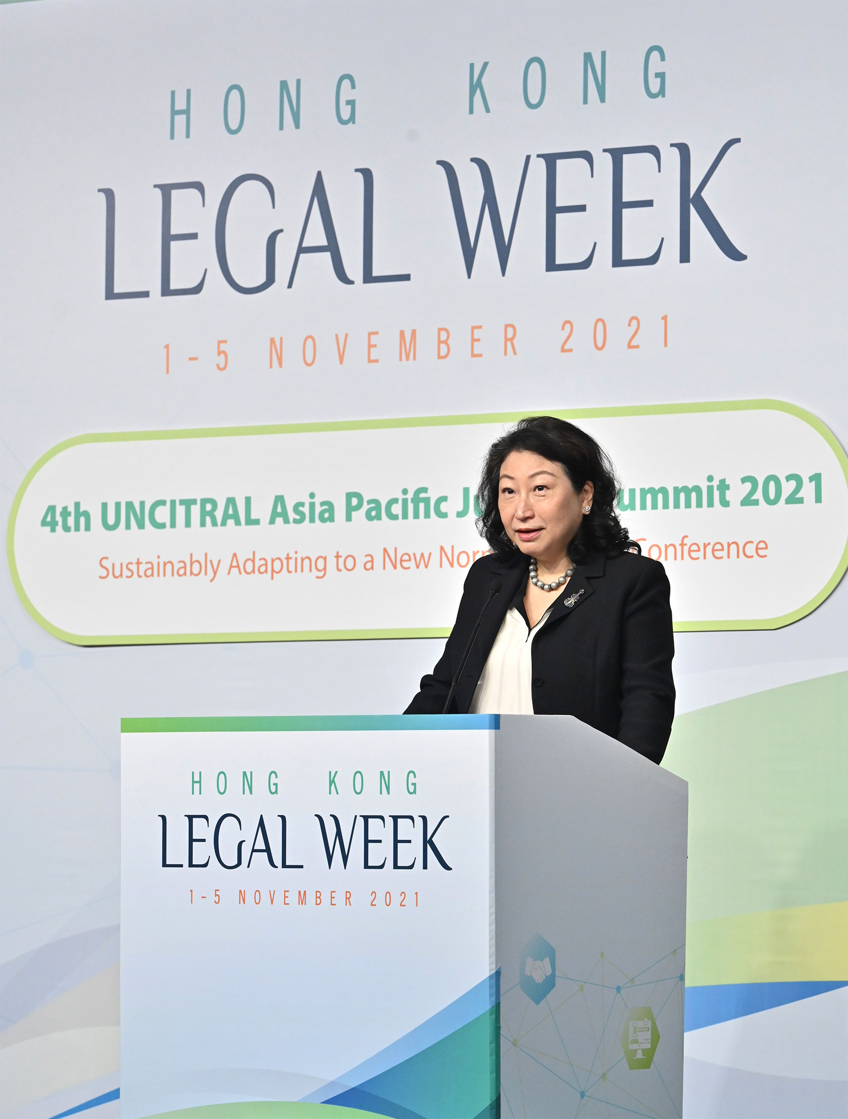 The Secretary for Justice, Ms Teresa Cheng, SC, speaks at the 4th UNCITRAL Asia Pacific Judicial Summit under the Hong Kong Legal Week 2021 today (November 1).