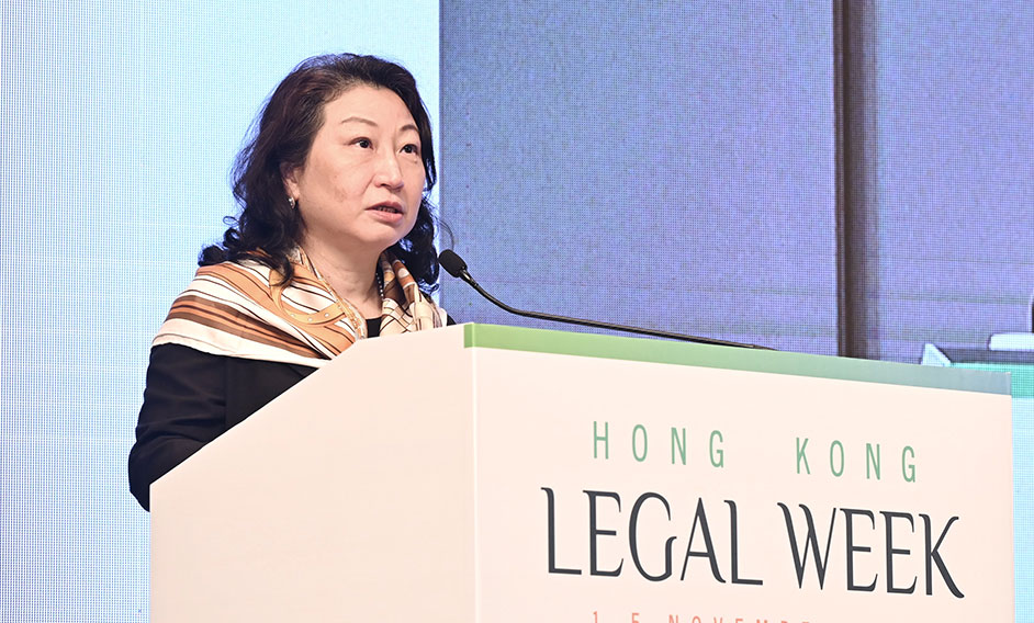 The Secretary for Justice, Ms Teresa Cheng, SC, speaks at the International Criminal Law Conference under Hong Kong Legal Week 2021 today (November 2).