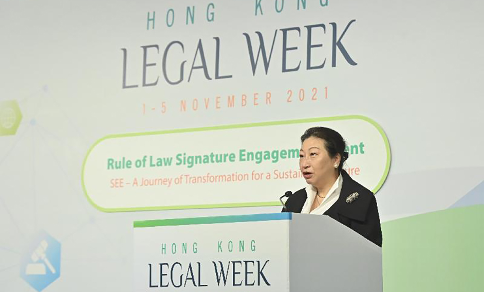 The Secretary for Justice, Ms Teresa Cheng, SC, speaks at the Rule of Law Signature Engagement Event: "A Journey of Transformation for a Sustainable Future" under Hong Kong Legal Week 2021 today (November 5).