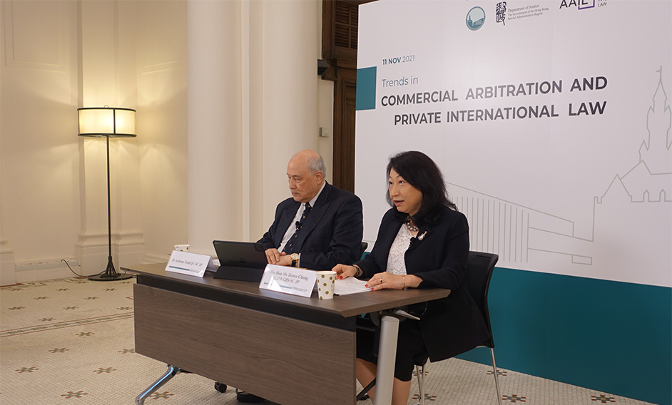The Secretary for Justice, Ms Teresa Cheng, SC (right), speaks at the Trends in Commercial Arbitration and Private International Law webinar co-organised by the Hague Academy of International Law, the Asian Academy of International Law (AAIL) and the Department of Justice today (November 11). Also present is the Chairman of AAIL, Dr Anthony Neoh, SC (left).