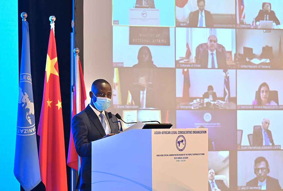 The 59th Annual Session of the Asian-African Legal Consultative Organization (AALCO) was successfully launched today (November 29). Photo shows the Secretary-General of AALCO, Professor Kennedy Gastorn, delivering welcome remarks at the Inaugural Session of the Annual Session.