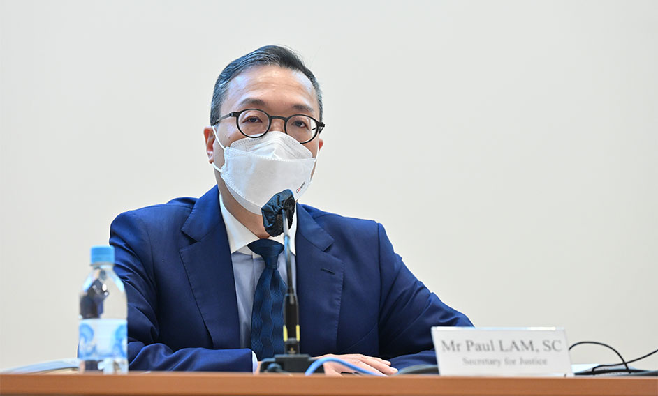 The Department of Justice today (July 29) held two sessions on “Spirit of the President's Important Speech” at Justice Place, where about 100 directorate officials attended. Photo shows the Secretary for Justice, Mr Paul Lam, SC, speaking at one of the sessions.