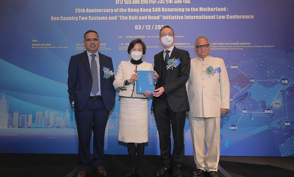 The Secretary for Justice, Mr Paul Lam, SC, attended an international law conference on “one country, two systems” and the Belt and Road Initiative organised by the Hong Kong Basic Law Education Association today (December 3). Photo shows Mr Lam (second right); member of the Hong Kong SAR Basic Law Committee of the National People's Congress Standing Committee, Dr Priscilla Leung, (second left); senior lecturer of the RMIT University, Australia, Dr Rajesh Sharma, (first right); Professor of the School of Law, Kathmandu University, Nepal, Professor Adhikari Bipin, (first left) at the conference.