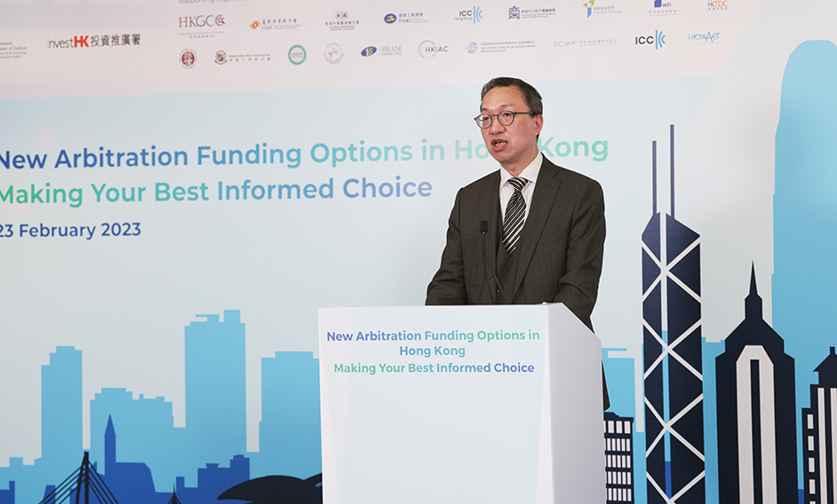 The Secretary for Justice, Mr Paul Lam, SC, speaks at the seminar entitled “New Arbitration Funding Options in Hong Kong – Making Your Best Informed Choice” today (February 23).