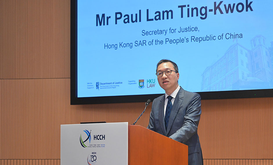 The Secretary for Justice, Mr Paul Lam, SC, speaks at the opening of the HCCH Asia Pacific Week 2023 - Access to Justice and Sustainable Development: The Impact of the HCCH in an Inter-Connected World today (September 11).