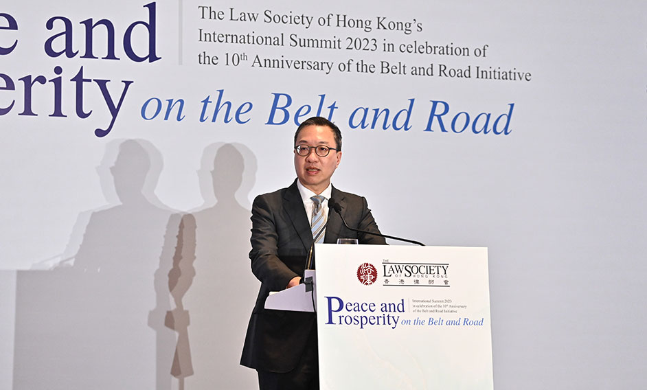 The Secretary for Justice, Mr Paul Lam, SC, speaks at the Law Society of Hong Kong's International Summit 2023 in celebration of the 10th Anniversary of the Belt and Road Initiative today (October 11).