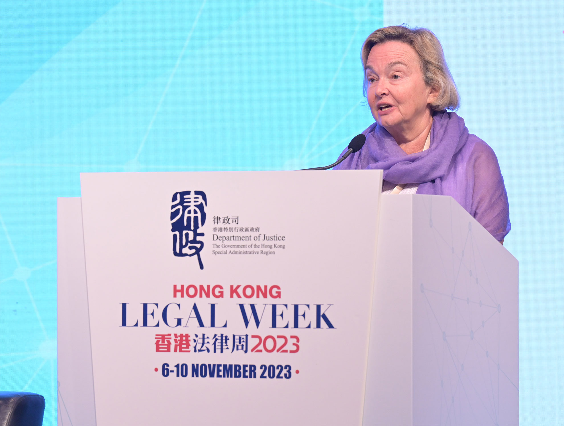 The Secretary of the United Nations Commission on International Trade Law, Ms Anna Joubin-Bret, delivers welcome remarks at the 5th UNCITRAL Asia Pacific Judicial Summit - Judicial Conference under the Hong Kong Legal Week 2023 today (November 6).