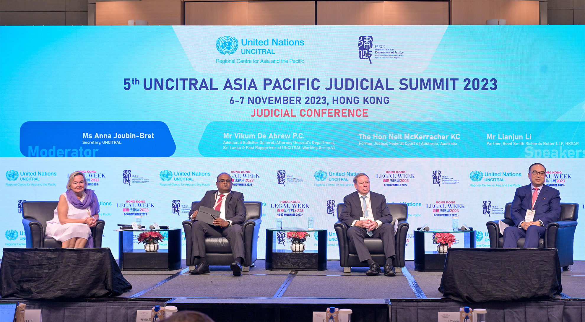 The five-day Hong Kong Legal Week 2023, an annual flagship event of the legal sector and the Department of Justice, themed "Onward & Forward: Connecting the World" began today (November 6). Photo shows (from left) the Secretary of United Nations Commission on International Trade Law (UNCITRAL), Ms Anna Joubin-Bret; Additional Solicitor General of the Attorney General's Department of Sri Lanka and Past Rapporteur of UNCITRAL Working Group VI, Mr Vikum De Abrew P.C.; Former Justice of the Federal Court of Australia, The Hon Neil McKerracher KC; and Partner of the Reed Smith Richards Butler LLP Mr Li Lianjun at panel session 1 on United Nations Convention on the International Effects of Judicial Sales of Ships (the Beijing Convention) at the 5th UNCITRAL Asia Pacific Judicial Summit - Judicial Conference.