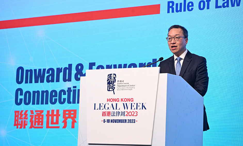 The Secretary for Justice, Mr Paul Lam, SC, speaks at the Hong Kong Legal Week 2023: Rule of Law for the Future this morning (November 10).