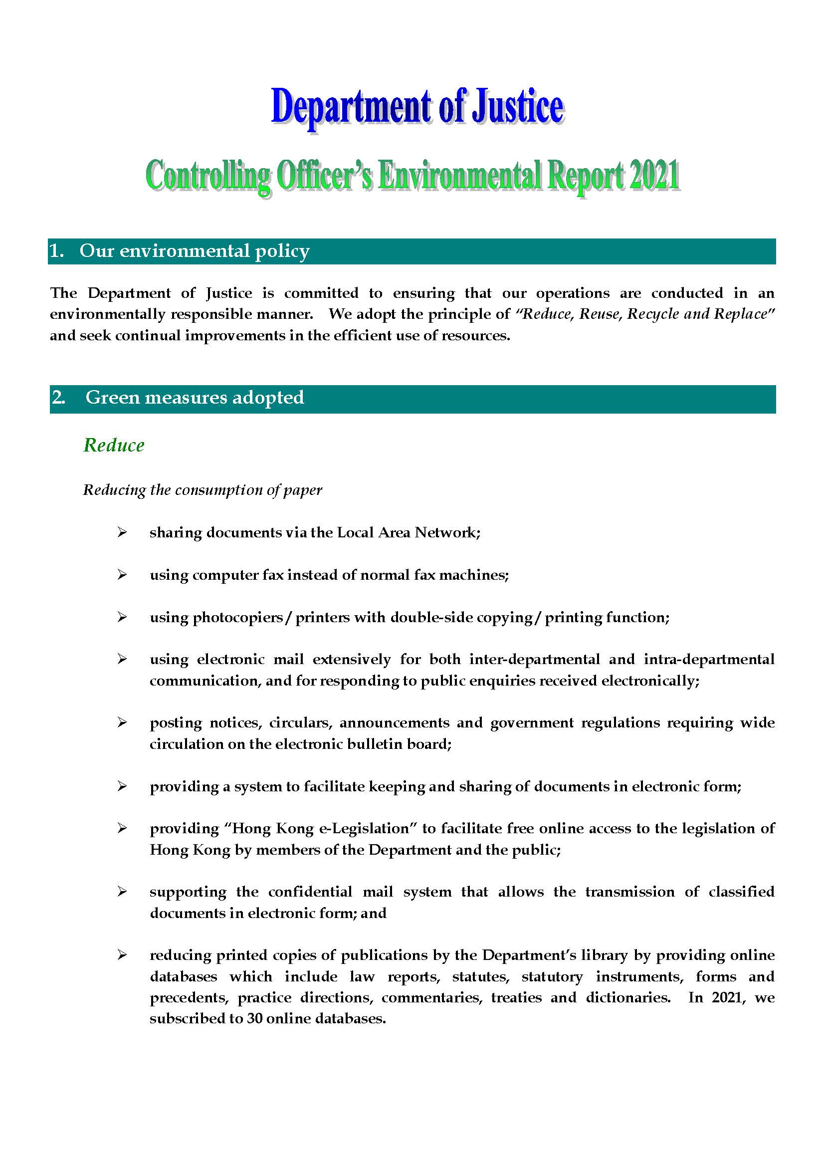 Controlling Officer's Environmental Report 2021