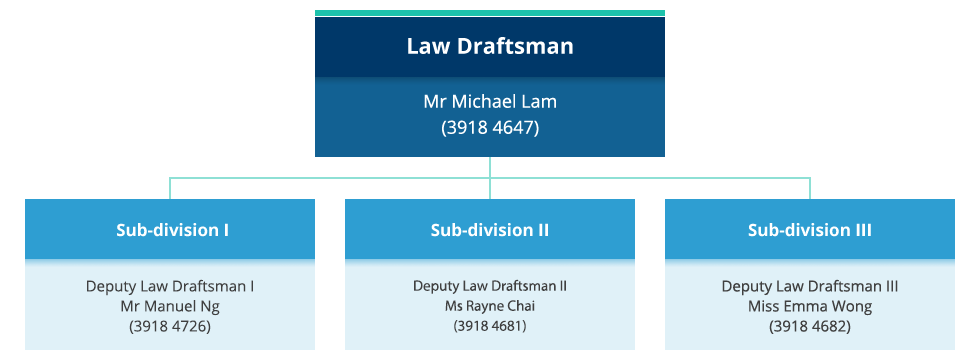 Organisation chart of the Law Drafting Division. Law Draftsman - Mr Michael Lam (3918 4647). 
			Sub-division I, Deputy Law Draftsman I - Ms Amy Chan (3918 4679). Sub-division II, Deputy Law Draftsman II - Ms Rayne Chai (3918 4681). Sub-division III, Deputy Law Draftsman III - Miss Emma Wong(3918 4682).