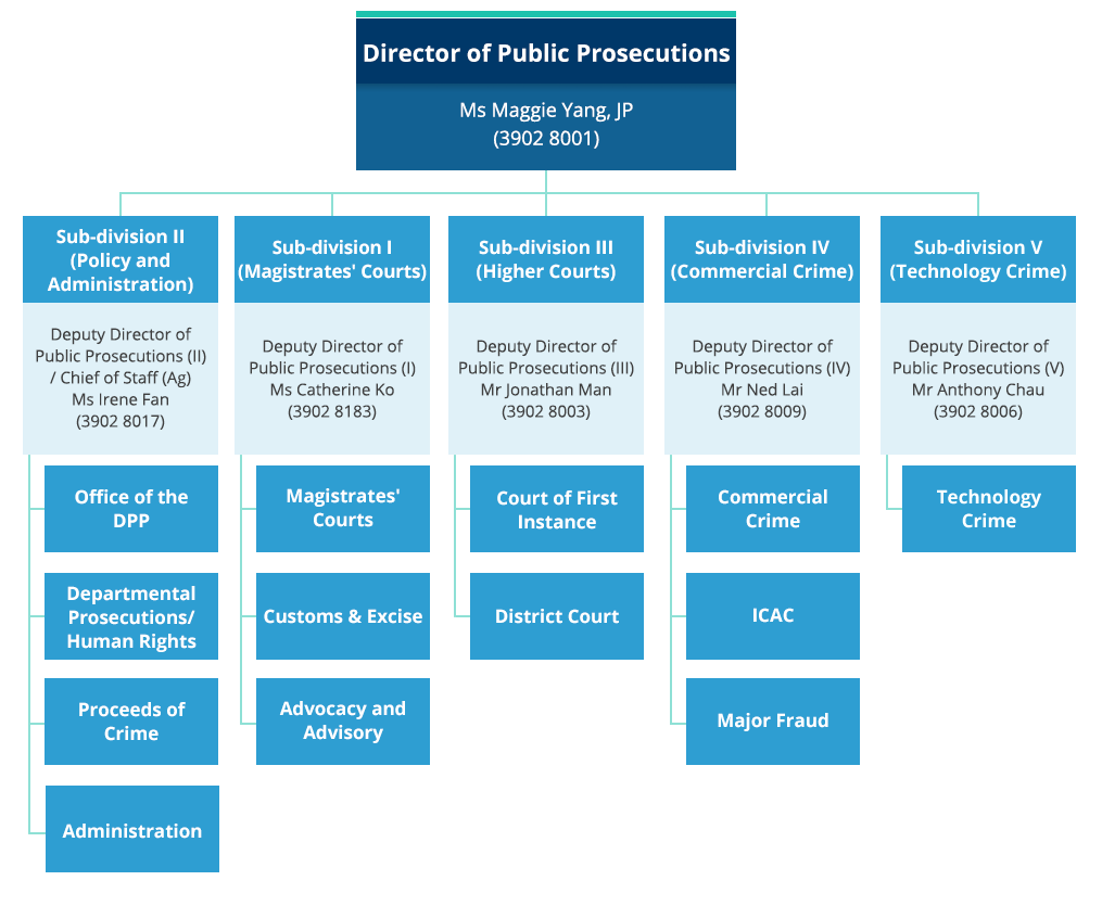 
            Organisation chart of the Prosecutions Division. Director of Public Prosecutions - Ms Maggie Yang, JP (3902 8001).
            
            Sub-division II (Policy and Administration) - Deputy Director of Public Prosecutions (II) / Chief of Staff -  Ms Catherine Ko (3902 8183). Office of the DPP. Departmental Prosecutions / Human Rights. Administration. 
            
            Sub-division I (Advisory), Deputy Director of Public Prosecutions (I) - Mr Jonathan Man (3902 8003). Magistrates' Courts. Customs & Excise. Advocacy and Advisory. 
            
            Sub-division III (Higher Courts) - Deputy Director of Public Prosecutions (III) (Ag) - Mr Ned Lai (3902 8081). Court of FirstInstance. District Court.
            
            Sub-division IV (Commercial Crime) - Deputy Director of Public Prosecutions (IV) Mr William Tam, SC (3902 8009).  Commerical Crime. ICAC.
			
			Sub-division V (Technology Crime) - Deputy Director of Public Prosecutions (V) - Mr Anthony Chau (3902 8008). Technology Crime.
            