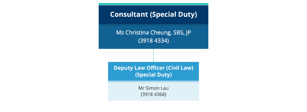 Organisation Chart of Civil Division (Special Duty Team). Consultant (Special Duty), Ms Christina Cheung, SBS, JP (3918 4334). Deputy Law Officer (Civil Law) (Special Duty), Simon Lau (3918 4368)