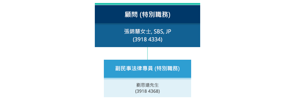 組織圖 (特別職務組). 顧問 (特別職務), 張錦慧女士, SBS, JP  (3918 4334). 副民事法律專員, 劉思遠  (3918 4368