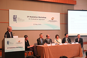 Mr CK Kwong, JP (left) moderated the Question and Answer session with panelists Dr Toby Chan, Mr Kenny Wong, Mr. Simon Lee, Ms Winnie Tam, SC, Mr Anthony Tong and Dr Jackson Chan at the IP Mediation Workshop on 23 May 2015.