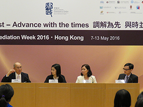 Photo of speakers and moderator for the Part II of Panel Discussion (from left): Mr. Chan Bing Woon, SBS, MBE, JP, Ms. Jody Sin, Ms. Kathlin Liao and Mr. Dragon Chong.