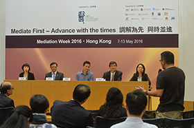 Speakers for the Questions and Answers Session: (from left) Ms April Lam, Mr Frankie Kwan, Mr Chan Yee-fei, Mr Daniel Chow and the Master of Ceremony.